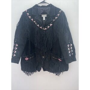 Via Accenti Leather Cowgirl Western Fringe Jacket Fringe Size 24W Plus